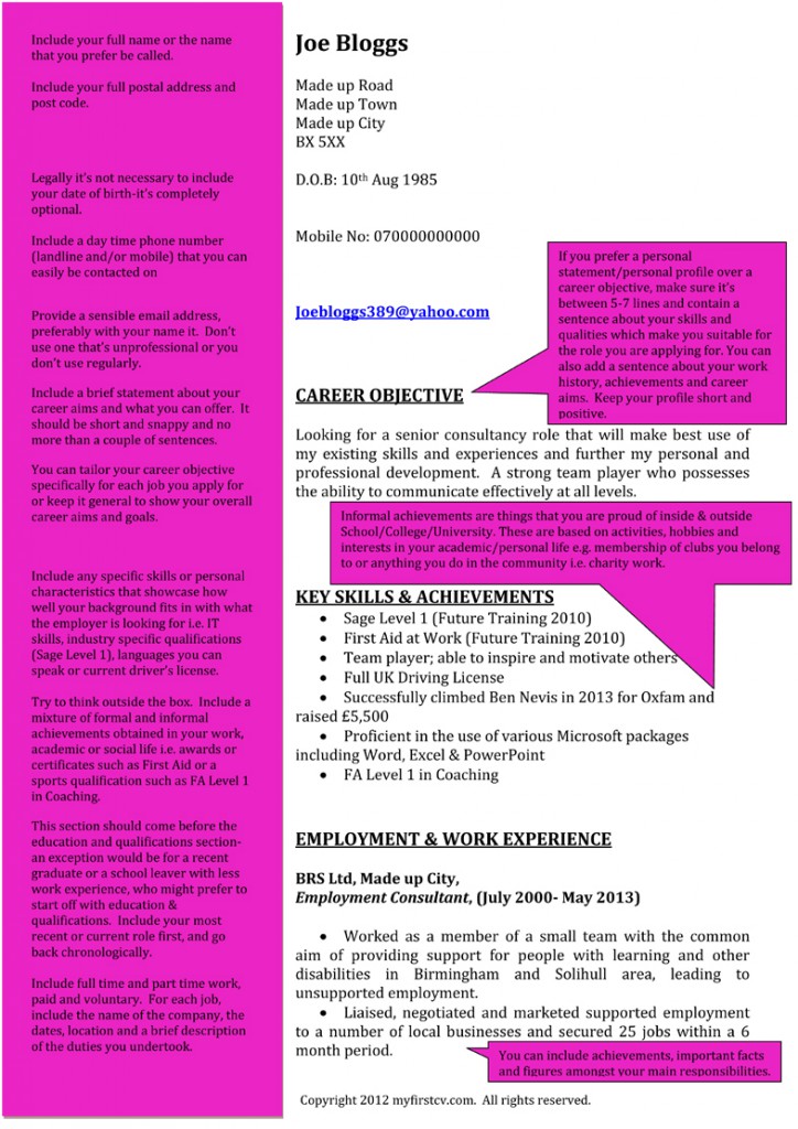 CV with instruction